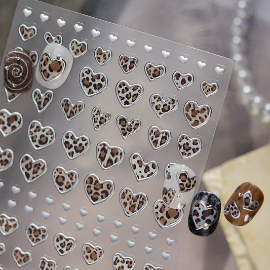3D Embossed Nail Sticker Heart Leopard Metal Silver-620