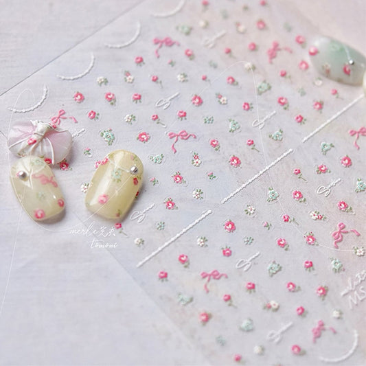 3D Embossed Rose Ribbon Mini Flower Nail Sticker -678