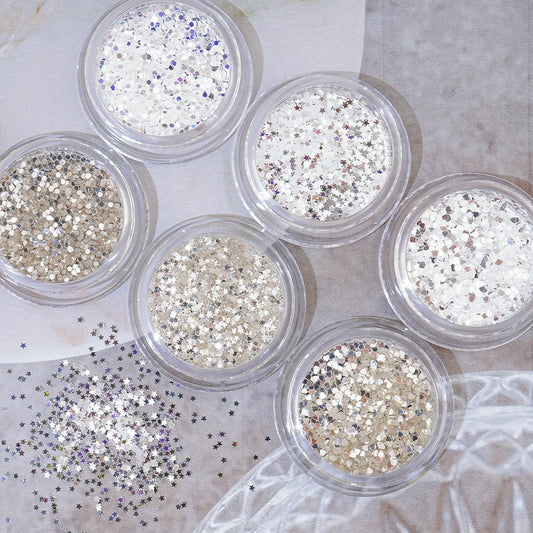 Nail Glitter Set of 6 - 1 Heart Star Round 1mm