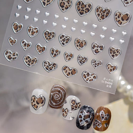 3D Embossed Nail Sticker Heart Leopard Metal Silver-620
