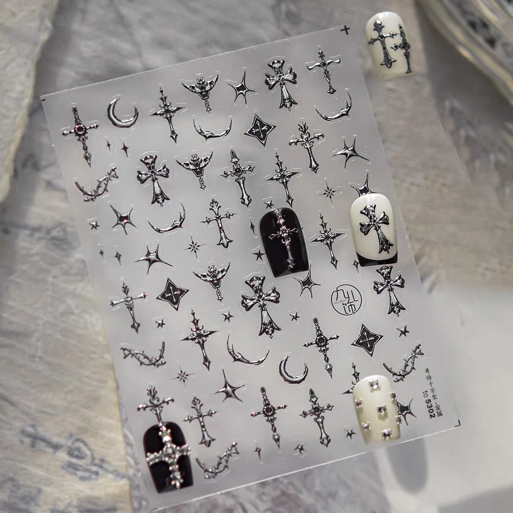3D embossed nail sticker-592 cross moon silver