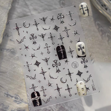 3D embossed nail sticker-592 cross moon silver