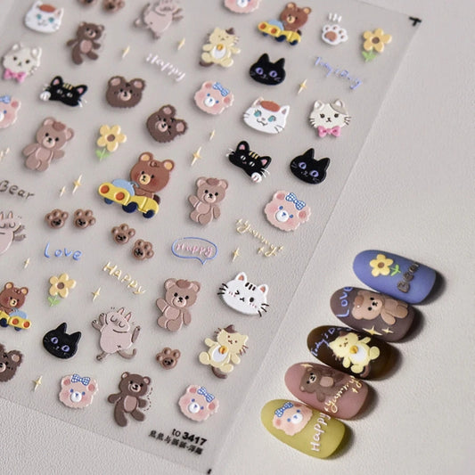 3D Embossed Nail Sticker - 192 Teddy Bear Cat Kitty