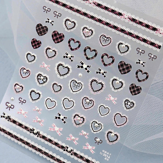 Heart Nail Stickers Black Self-Adhesive 3D Ribbon Nail Decals DIY Nail Art -NS191