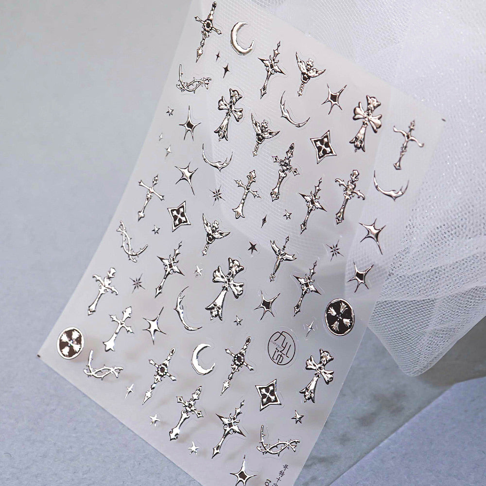 3D embossed nail sticker-592 cross moon silver