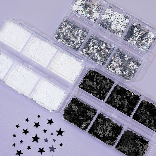 Bling Star Nail Glitter 6-piece set - 2 stars in silver