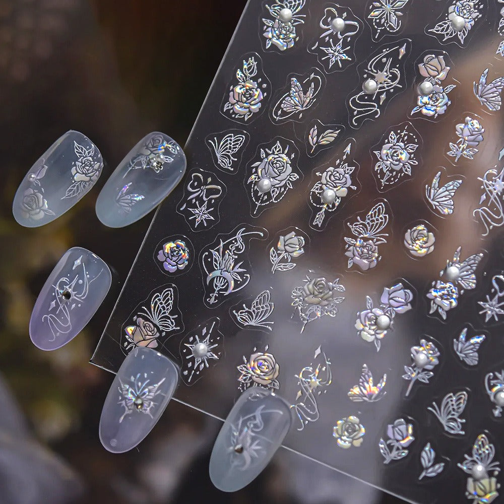 3D embossed nail sticker-610 butterfly rose pearl