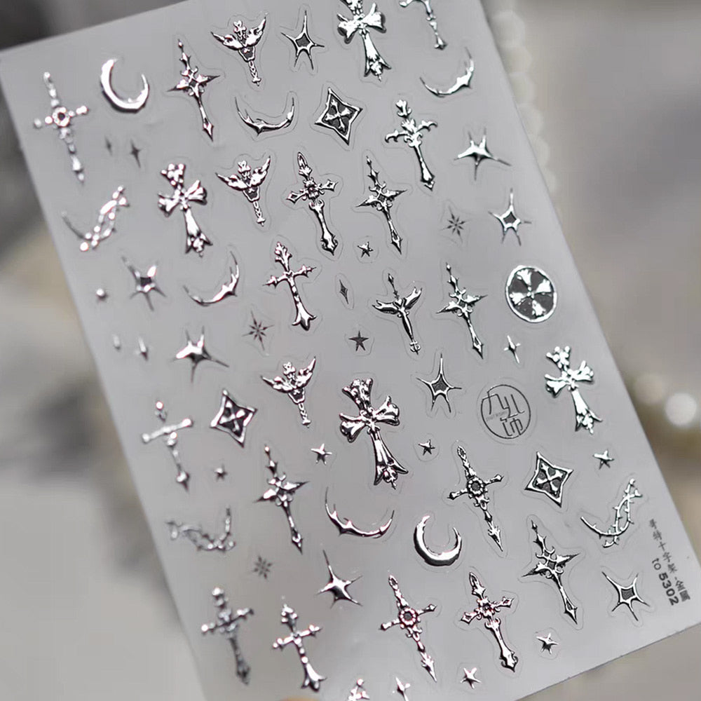3D embossed nail sticker-592 cross moon silver