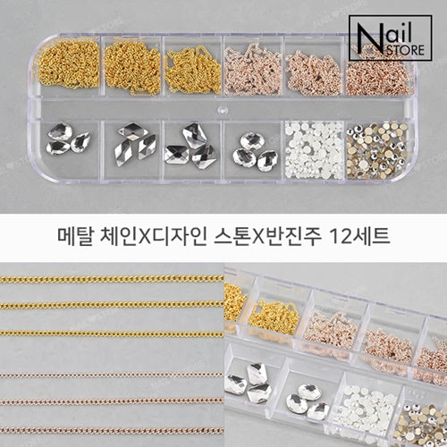 Metal Chain X Design Stone X Half Pearl 12 Set