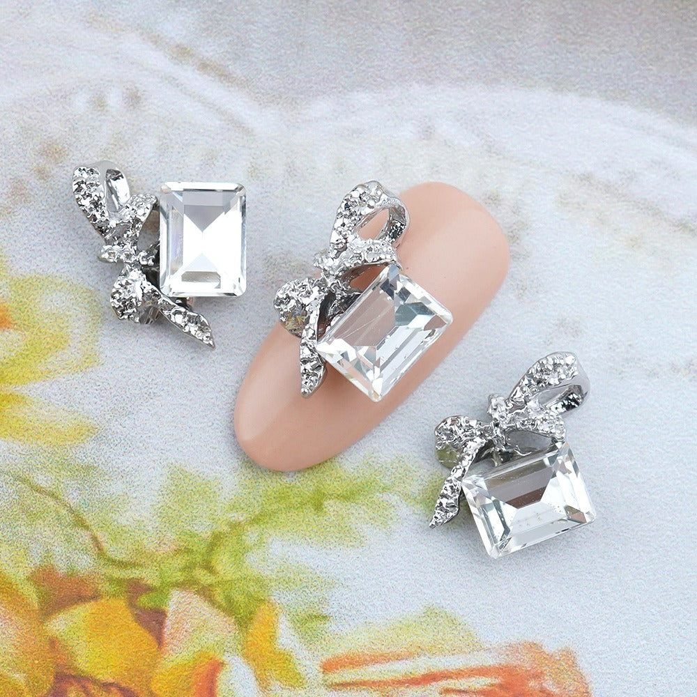 Ribbon Nail Parts-122 Silver Square Stone Metal