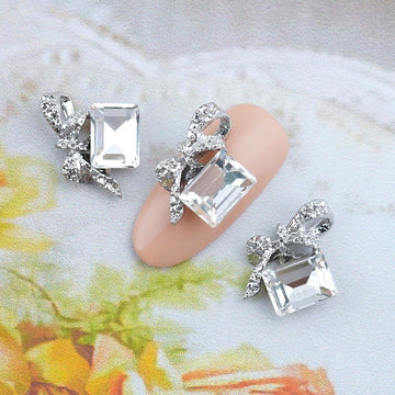 Ribbon Nail Parts-122 Silver Square Stone Metal