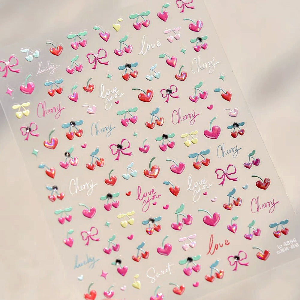 3D Embossed Nail Sticker - 468 Cherry Heart Ribbon